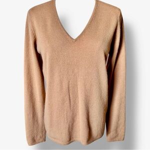 WHITE + WARREN 100% Cashmere Khaki Camel V-Neck Tan Sweater